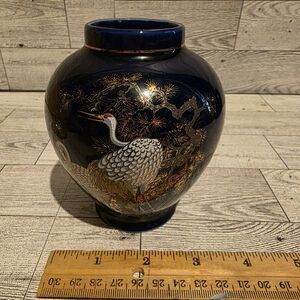 Navy Blue Porcelain Vase with Gold Crane Motif
